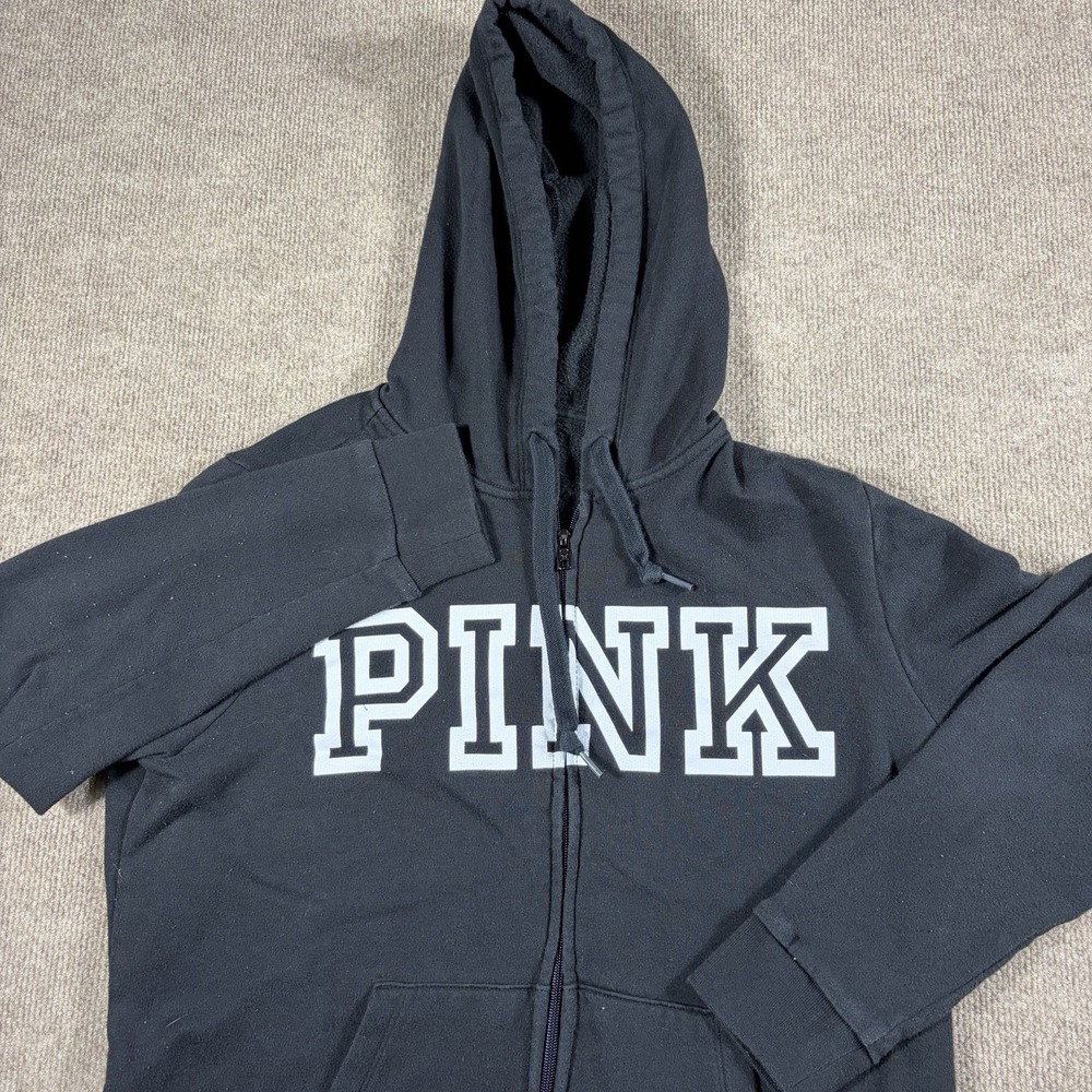 Pink Victoria Secret Hoodie Full Zip Black Logo Size Large